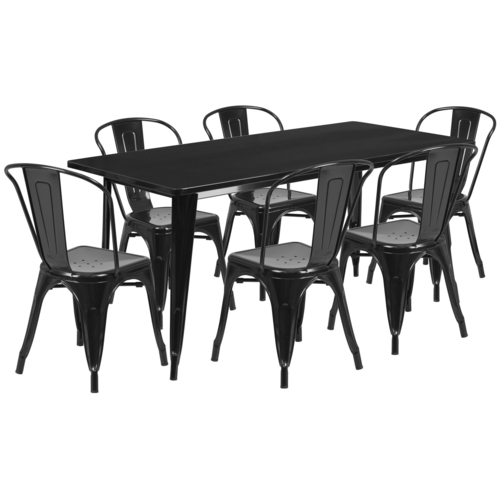 Flash Furniture ET-CT005-6-30-BK-GG Black Steel Rectangular Table Set with 6 Chairs