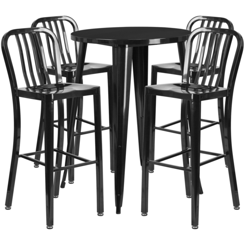 Flash Furniture CH-51090BH-4-30VRT-BK-GG 30" Dia. x 41" H Black Metal Round Bar Height Table and 4 Bar Stool Set