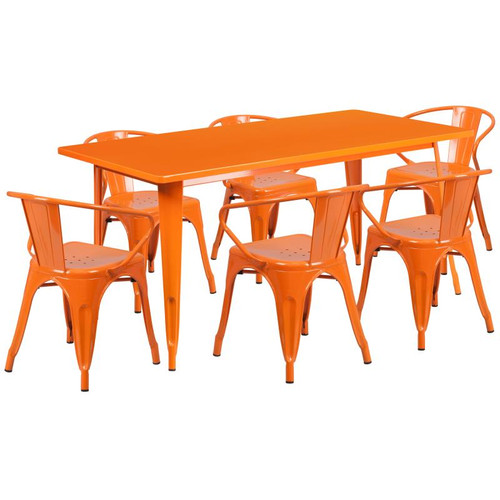 Flash Furniture ET-CT005-6-70-OR-GG Orange Steel Rectangular Table Set with 6 Chairs