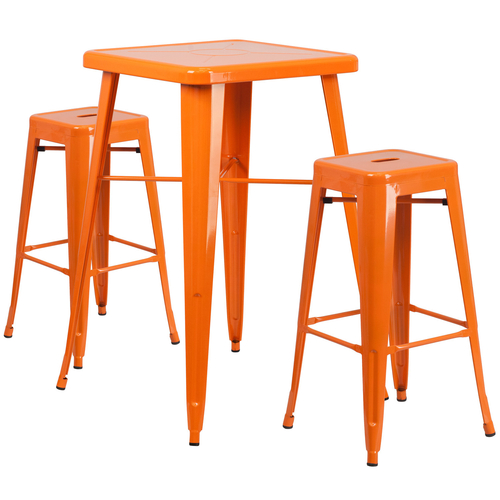 Flash Furniture CH-31330B-2-30SQ-OR-GG 27 3/4" W x 27 3/4" D x 40" H Orange Galvanized Steel Square Bar Height Table and 2 Chairs Set