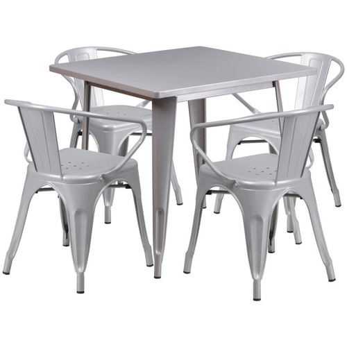 Flash Furniture ET-CT002-4-70-SIL-GG Silver Steel Square Table Set with 4 Chairs