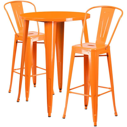 Flash Furniture CH-51090BH-2-30CAFE-OR-GG 30" Dia. x 41" H Orange Metal Round Bar Height Table and 2 Bar Stool Set
