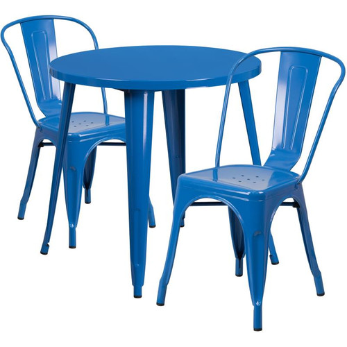 Flash Furniture CH-51090TH-2-18CAFE-BL-GG 30" Dia. x 29 1/2" H Blue Metal Round Table and 2 Chair Set
