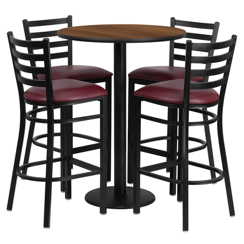 Flash Furniture RSRB1028-GG 30" Dia. x 42" H Walnut Laminate Finish Round Table Set with 4 Metal Ladder Back Metal ladder Back Bar Stools