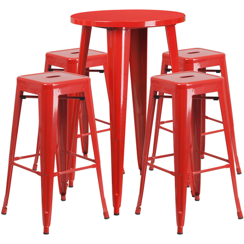 Flash Furniture CH-51080BH-4-30SQST-RED-GG 24" Dia. x 41" H Red Metal Round Bar Height Table and 4 Bar Stool Set