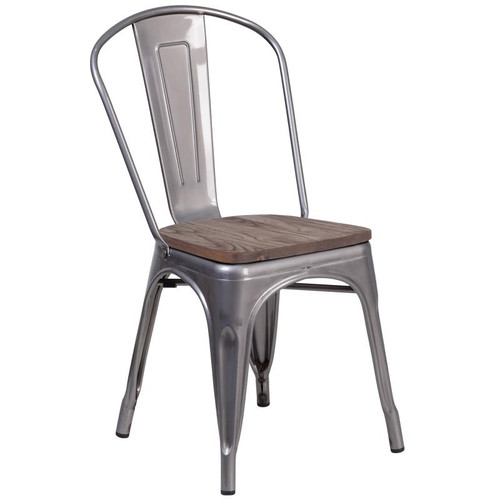 Flash Furniture XU-DG-TP001-WD-GG Silver Metal Curved Back with Vertical Slat Textured Wood Seat Stacking Side Chair