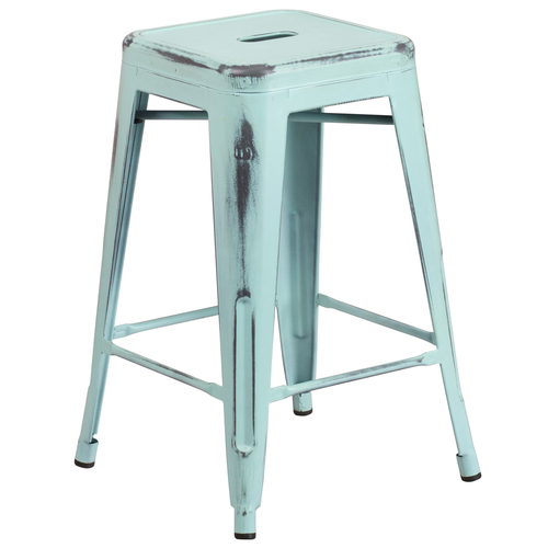 Flash Furniture ET-BT3503-24-DB-GG Blue Green Galvanized Steel Drain Hole In Seat Counter Height Backless Bar Stool
