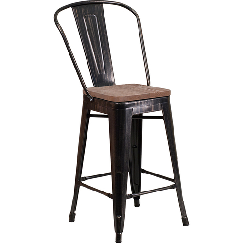 Flash Furniture CH-31320-24GB-BQ-WD-GG Black-Antique Gold Metal Curved Back With Vertical Slat Counter Height Bar Stool
