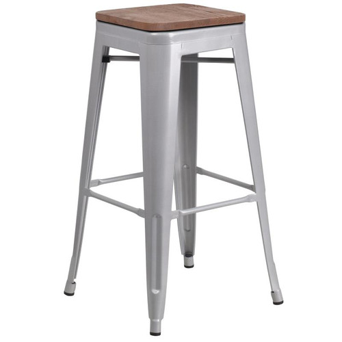 Flash Furniture CH-31320-30-SIL-WD-GG Silver Textured Wood Seat With Galvanized Steel Backless Bar Stool