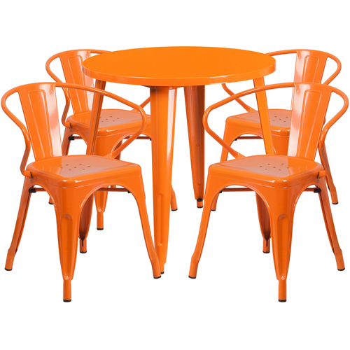 Flash Furniture CH-51090TH-4-18ARM-OR-GG 30" Dia. x 29 1/2" H Orange Metal Round Table and 4 Chair Set