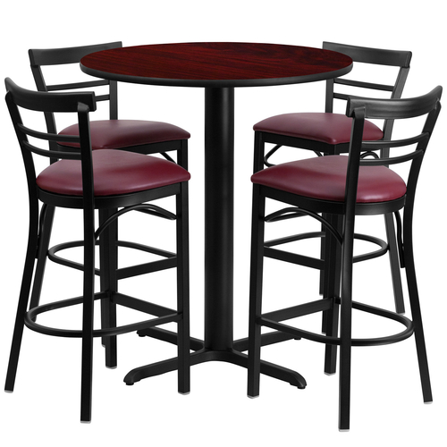 Flash Furniture HDBF1038-GG 24" Dia. x 42" H Mahogany Laminate Finish Round Table Set with 4 Metal Ladder Back Bar Stools