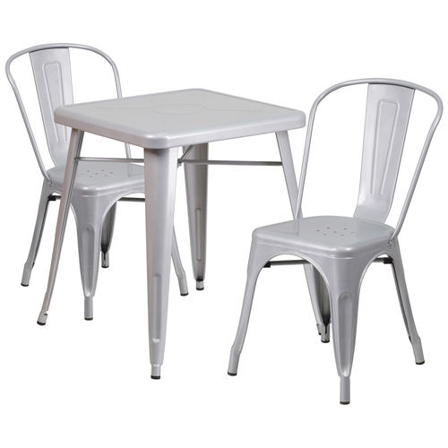 Flash Furniture CH-31330-2-30-SIL-GG 23 3/4" W x 23 3/4" D x 29" H Silver Galvanized Steel Square Table and 2 Chairs Set