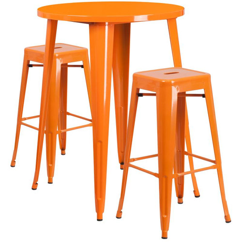 Flash Furniture CH-51090BH-2-30SQST-OR-GG 30" Dia. x 41" H Orange Metal Round Bar Height Table and 2 Bar Stool Set