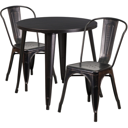 Flash Furniture CH-51090TH-2-18CAFE-BQ-GG 30" Dia. x 29 1/2" H Black and Antique Gold Metal Round Table and 2 Chair Set