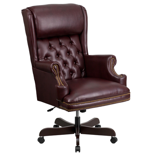 Flash Furniture CI-J600-BY-GG Burgundy Bonded Leather Mahogany Wood Capped Metal Base Traditional Executive Swivel Office Chair