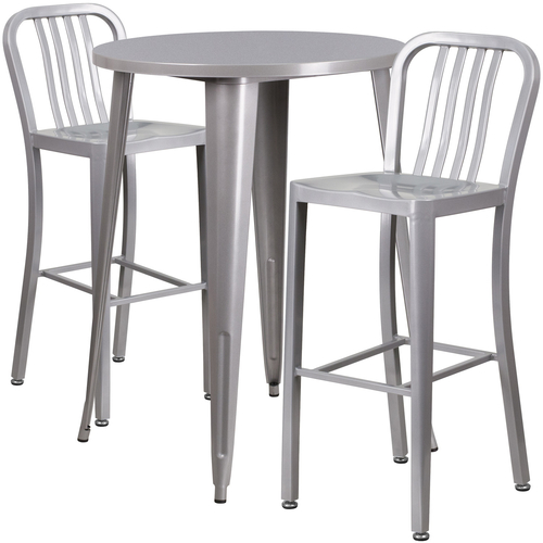 Flash Furniture CH-51090BH-2-30VRT-SIL-GG 30" Dia. x 41" H Silver Metal Round Bar Height Table and 2 Bar Stool Set