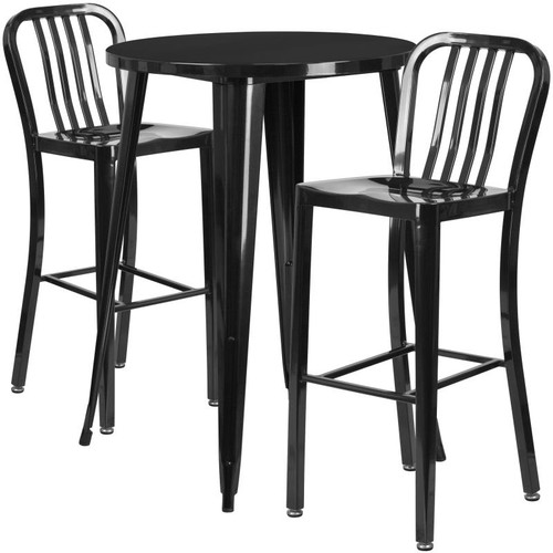Flash Furniture CH-51090BH-2-30VRT-BK-GG 30" Dia. x 41" H Black Metal Round Bar Height Table and 2 Bar Stool Set