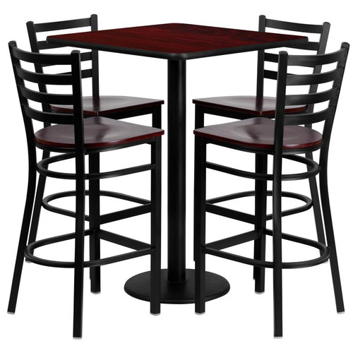 Flash Furniture MD-0014-GG 30" Dia. x 42" H Mahogany Laminate Finish Square Table Set with 4 Metal Ladder Back Bar Stools