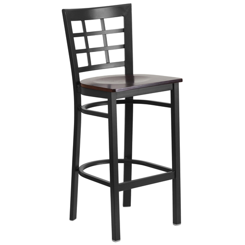 Flash Furniture XU-DG6R7BWIN-BAR-WALW-GG Walnut Finish Seat With Window Back Steel Black Powder Coated Frame Hercules Series Restaurant Bar Stool