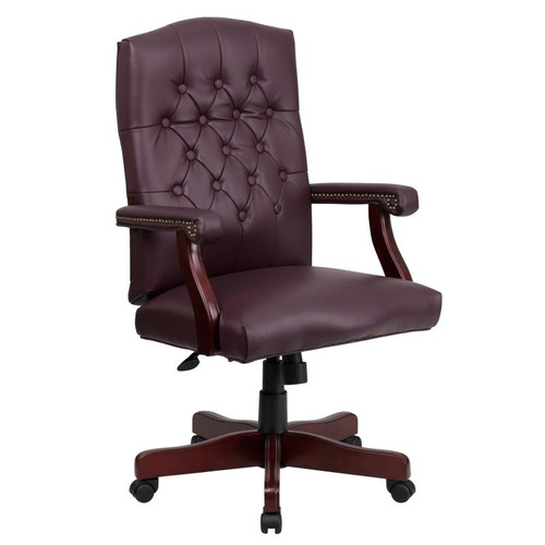 Flash Furniture 801L-LF0019-BY-LEA-GG Burgundy Padded Arms Mahogany Wood Capped Metal Base Martha Washington Executive Swivel Office Chair