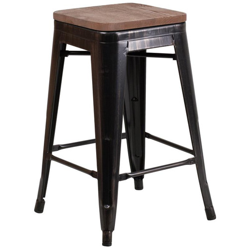 Flash Furniture CH-31320-24-BQ-WD-GG Black-Antique Gold With Textured Wood Seat Galvanized Steel Counter Height Backless Bar Stool