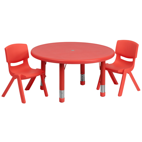 Flash Furniture YU-YCX-0073-2-ROUND-TBL-RED-R-GG 33" Dia. x 14 1/2" - 23 3/4" Adjustable Height Red Round Preschool Activity Table Set with 2 Chairs