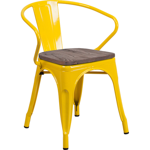 Flash Furniture CH-31270-YL-WD-GG Yellow Metal Back with Arms Vertical Slat Wood Seat Bistro Style Stacking Armchair