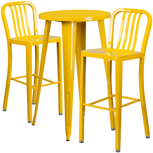 Flash Furniture CH-51080BH-2-30VRT-YL-GG 24" Dia. x 41" H Yellow Metal Round Bar Height Table and 2 Bar Stool Set