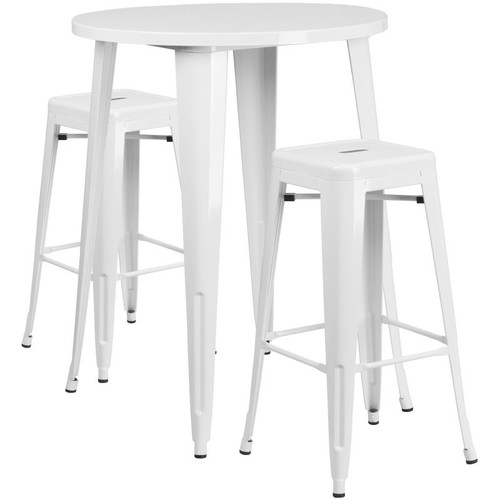 Flash Furniture CH-51090BH-2-30SQST-WH-GG 30" Dia. x 41" H White Metal Round Bar Height Table and 2 Bar Stool Set
