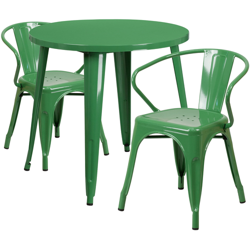 Flash Furniture CH-51090TH-2-18ARM-GN-GG 30" Dia. x 29 1/2" H Green Metal Round Table and 2 Chair Set