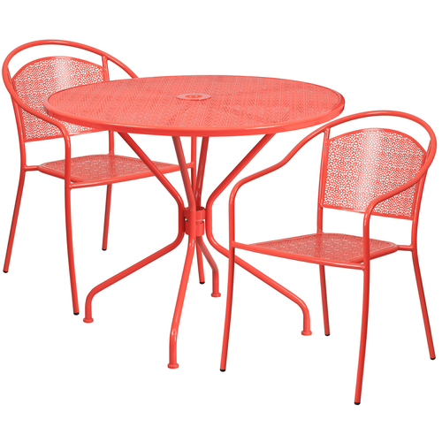 Flash Furniture CO-35RD-03CHR2-RED-GG 28" H Coral Steel Round Patio Table Set with 2 Chairs