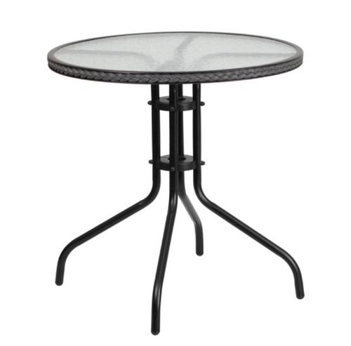 Flash Furniture TLH-087-GY-GG Gray Rattan Edge Black Powder Coated Metal Base With Tempered Glass Round Patio Table