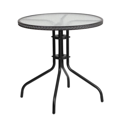 Flash Furniture TLH-087-GY-GG Gray Rattan Edge Black Powder Coated Metal Base With Tempered Glass Round Patio Table
