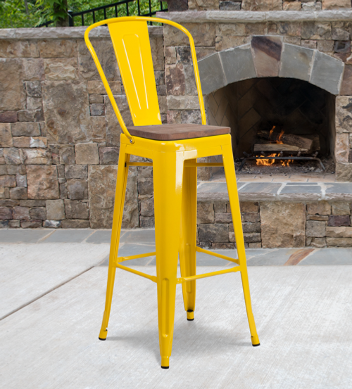 Flash Furniture CH-31320-30GB-YL-WD-GG Yellow Metal Curved Back With Vertical Slat Bistro Style Bar Stool