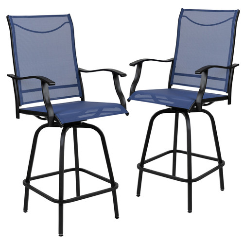 Flash Furniture 2-ET-SWVLPTO-30-NV-GG Blue Textilene Sling Fabric Black Galvanized Steel Frame Bar Height Patio Swivel Stool