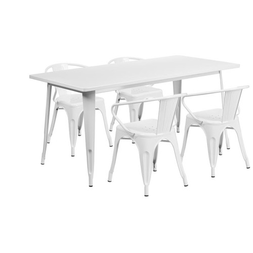 Flash Furniture ET-CT005-4-70-WH-GG White Steel Rectangular Table Set with 4 Chairs