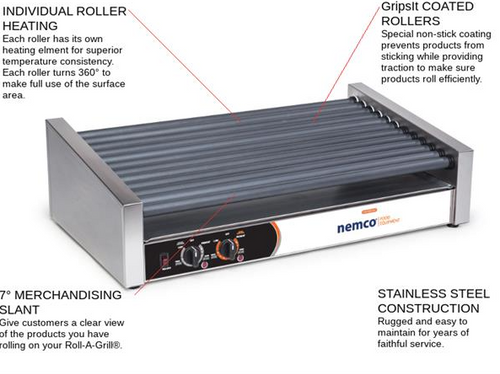 Nemco 8033SX-SLT-230 Aluminum And Stainless Steel Construction Roller-Type Roll-A-Grill® Hot Dog Grill - 230V