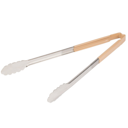 Vollrath 4781660 16" Ivory Ergonomic Antimicrobial Kool Touch Handle Scalloped Teeth Springless Stainless Steel One-Piece Utility Tongs