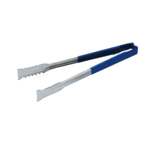 Vollrath 4790930 9 1/2" Blue Ergonomic Antimicrobial Kool Touch Handle Gripper Teeth Flattened Ends Springless Stainless Steel One-Piece VersaGrip Tongs