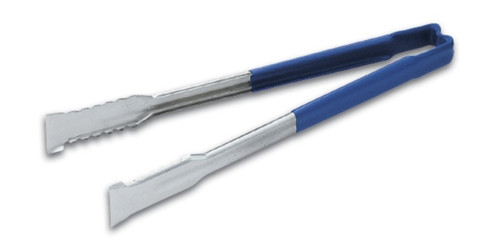 Vollrath 4790930 9 1/2" Blue Ergonomic Antimicrobial Kool Touch Handle Gripper Teeth Flattened Ends Springless Stainless Steel One-Piece VersaGrip Tongs