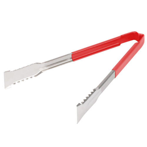 Vollrath 4791240 12" Red Ergonomic Antimicrobial Kool Touch Handle Gripper Teeth Flattened Ends Springless Stainless Steel One-Piece VersaGrip Tongs