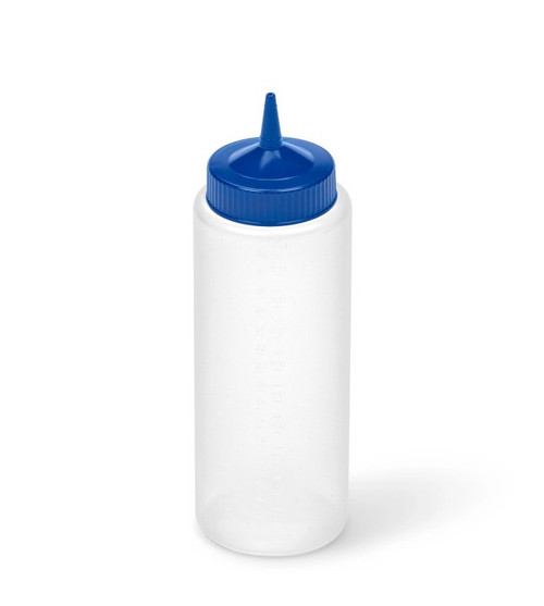 Vollrath 4932-1344 32 Oz. Clear Bottle with Blue Cap Polyethylene Wide Mouth Molded In Ounce Markings Traex Color-Mate Squeeze Bottle Dispenser