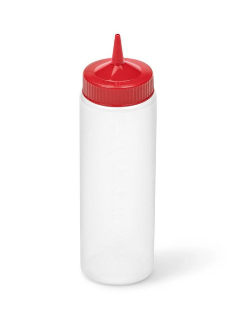 Vollrath 4924-1302 24 Oz. Clear Bottle with Red Cap Polyethylene Wide Mouth Molded In Ounce Markings Traex Color-Mate Squeeze Bottle Dispenser
