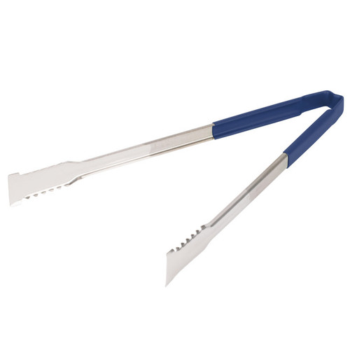 Vollrath 4791630 16" Blue Ergonomic Antimicrobial Kool Touch Handle Gripper Teeth Flattened Ends Springless Stainless Steel One-Piece VersaGrip Tongs