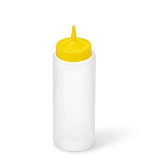 Vollrath 4932-1308 32 Oz. Clear Bottle with Yellow Cap Polyethylene Wide Mouth Molded In Ounce Markings Traex Color-Mate Squeeze Bottle Dispenser