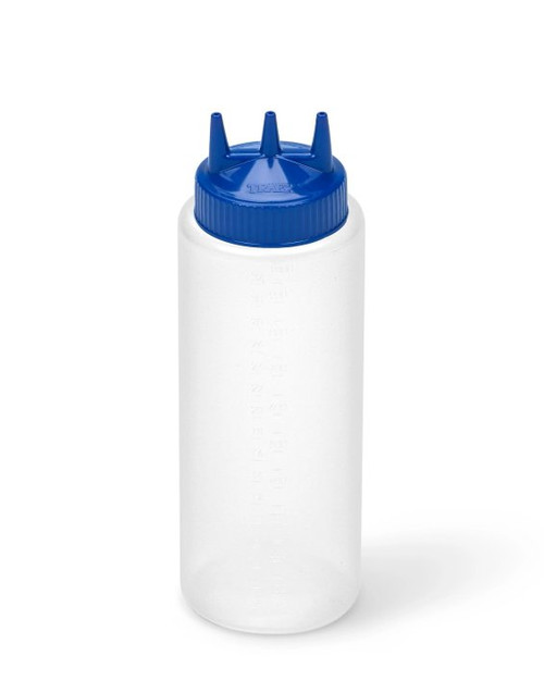 Vollrath 3332-1344 32 Oz. Clear Bottle with Blue Cap Wide Mouth Traex Tri Tip Squeeze Bottle