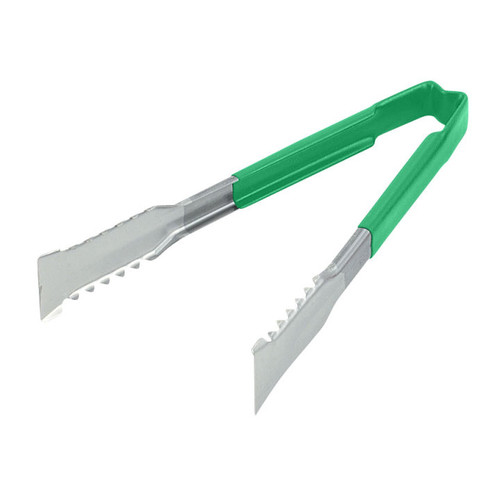 Vollrath 4790970 9 1/2" Green Ergonomic Antimicrobial Kool Touch Handle Gripper Teeth Flattened Ends Springless Stainless Steel One-Piece VersaGrip Tongs