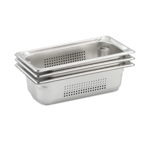 Vollrath 90313 Steel Standard 1 1/2" Deep 22 Gauge Perforated Top Flange Corners with Concave Indentation Super Pan 3 1/3 GN Food Pan