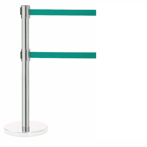 AARCO HS-27GR 40" H Steel Post Polished Satin Finish Form-A-Line System with 7' Dual Retractable Green Belt