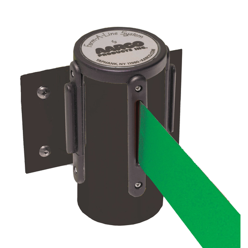 AARCO WM-7BKGR 7" H Black Casing Wall Mounted Form-A-Line System with 7' Retractable Green Belt